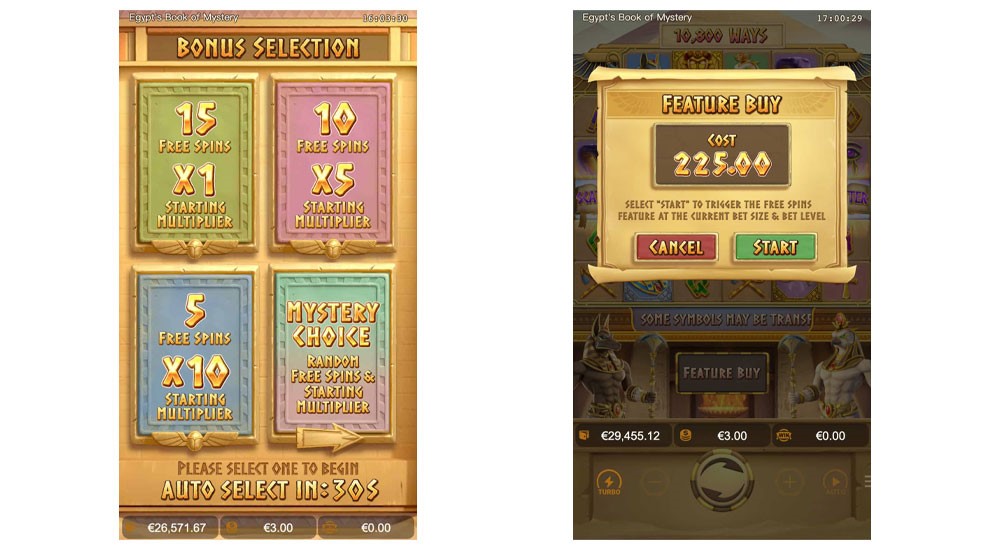 ฟีเจอร์ซื้อสปิน egypt's book of mystery